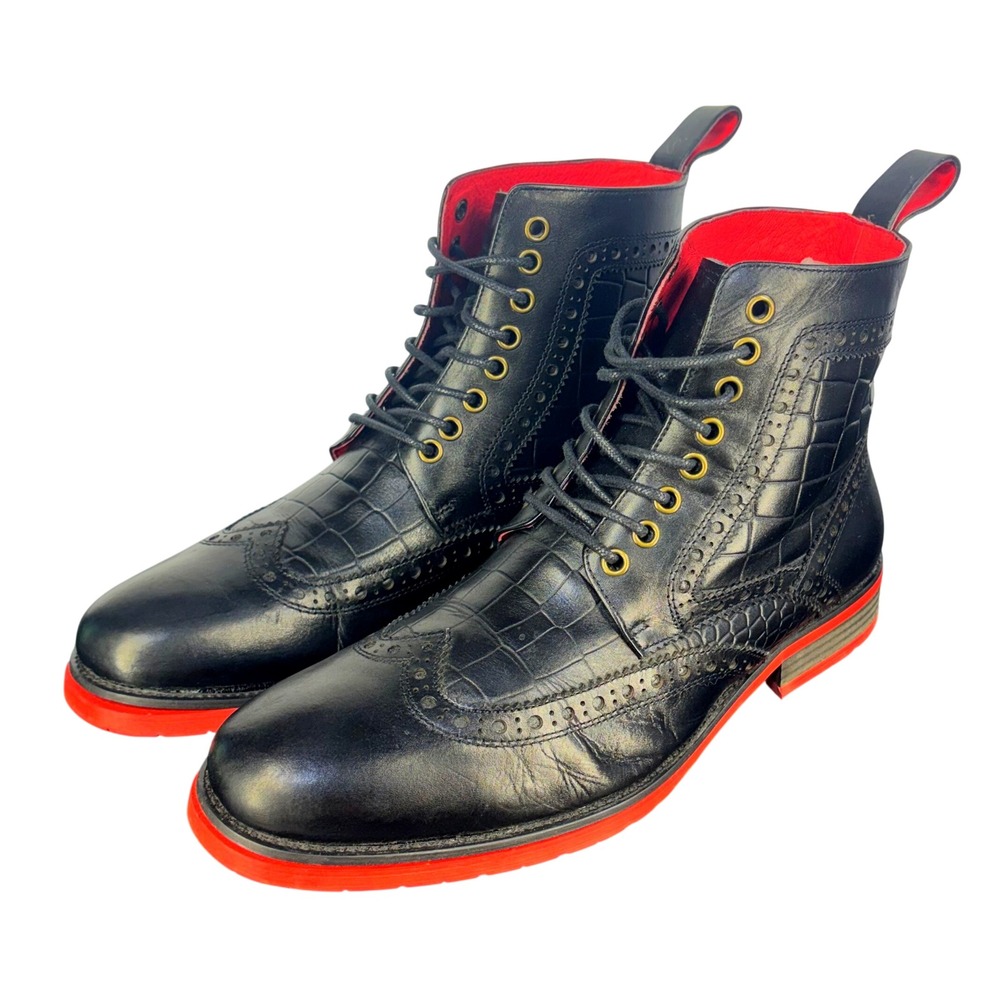 Marc Nolan Black Ankle Boots Moto Croc Embossed Leather Red Sole Grunge Mens 7 - Picture 4 of 8